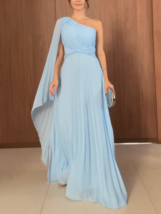 Elegant Pleated Off-the-Shoulder Flowing Maxi Dress