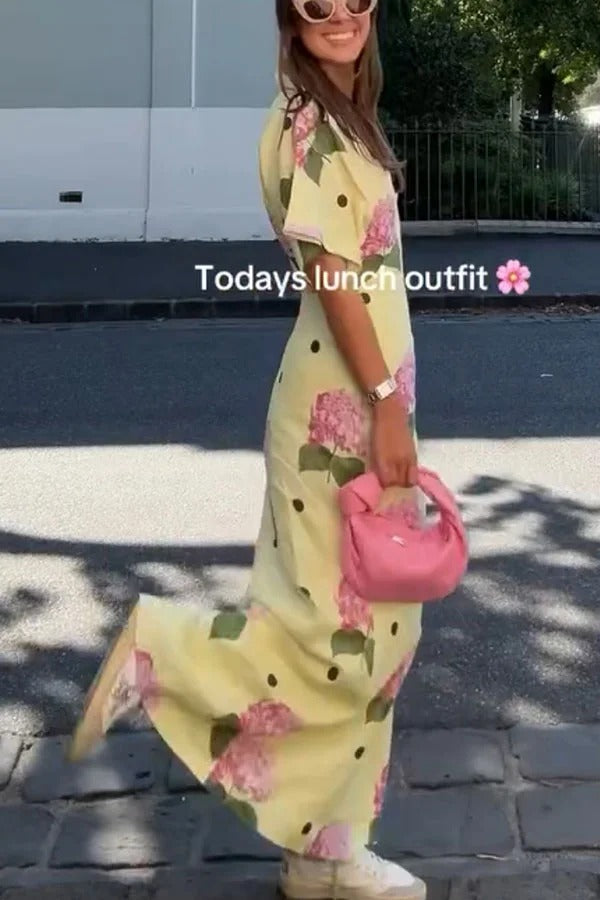 Jasmine Floral Polka Dot Linen-Blend Maxi Dress with Wide Sleeves