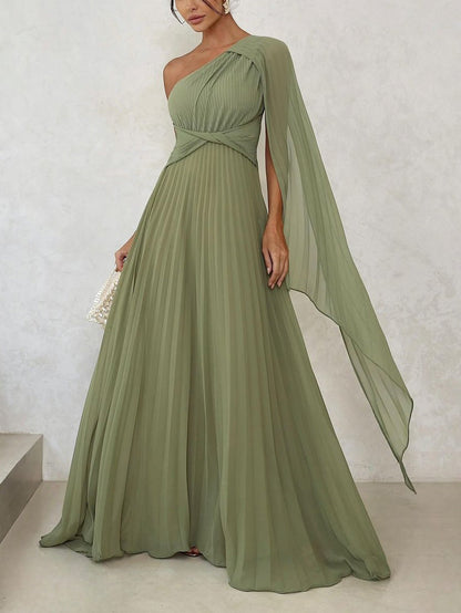 Elegant Pleated Off-the-Shoulder Flowing Maxi Dress