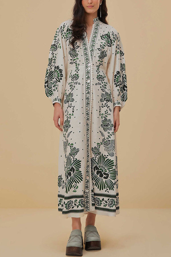 Unique Printed Button-Down Long-Sleeve Maxi Shirt Dress