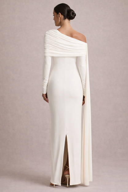 Octavia | Women's Elegant Draped One-Shoulder Cape-Sleeve Fitted Maxi Dress for Black-Tie Events