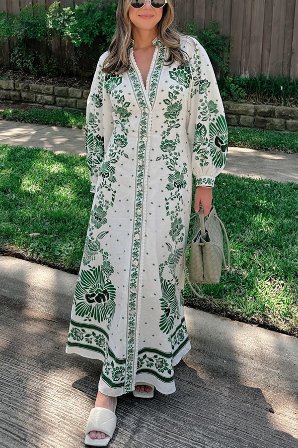 Unique Printed Button-Down Long-Sleeve Maxi Shirt Dress