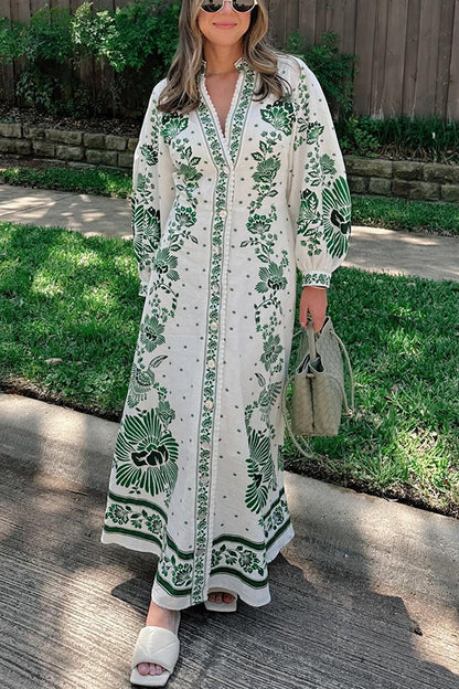 Unique Printed Button-Down Long-Sleeve Maxi Shirt Dress