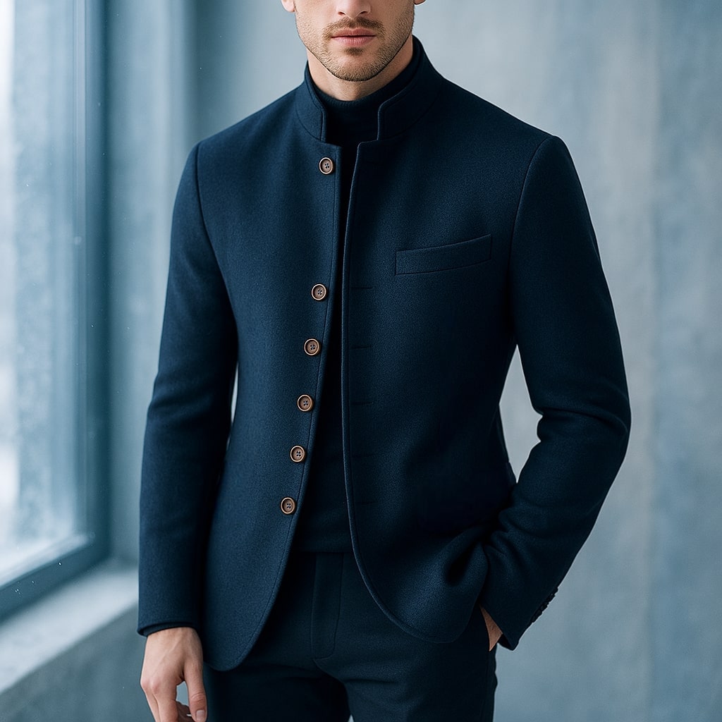Wool Jacket with a Sleek Straight Collar
