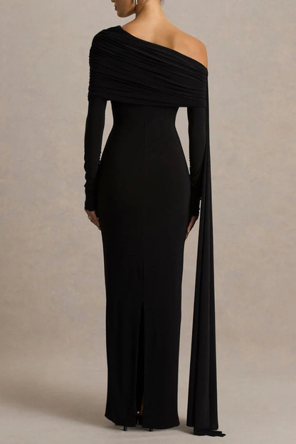 Octavia | Women's Elegant Draped One-Shoulder Cape-Sleeve Fitted Maxi Dress for Black-Tie Events