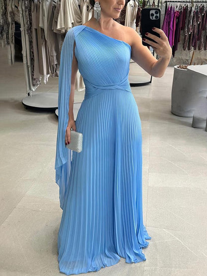 Elegant Pleated Off-the-Shoulder Flowing Maxi Dress