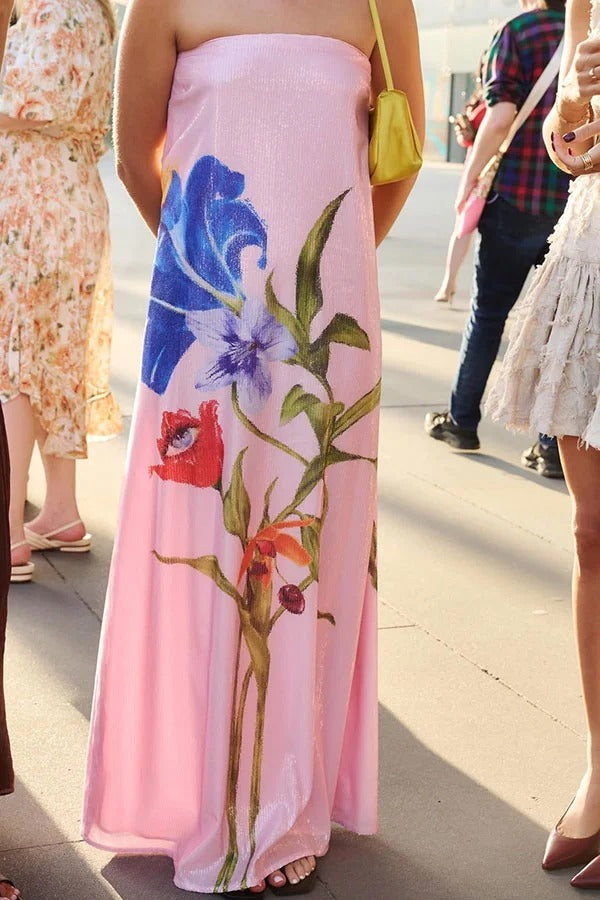 Glamorous Evening Sequin Floral Off-Shoulder A-Line Maxi Dress