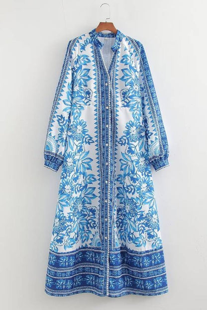 Unique Printed Button-Down Long-Sleeve Maxi Shirt Dress