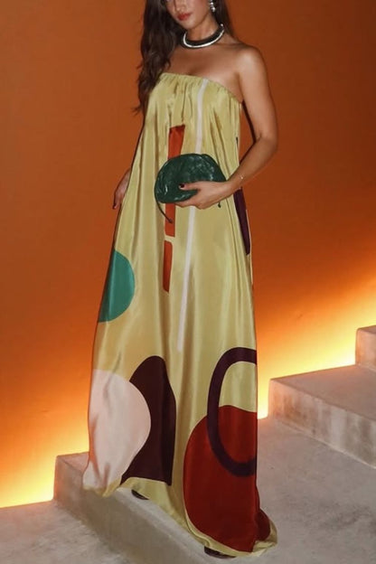 Miss Me Satin Printed Off-Shoulder Maxi Dress with Pockets – Unique Loose Fit