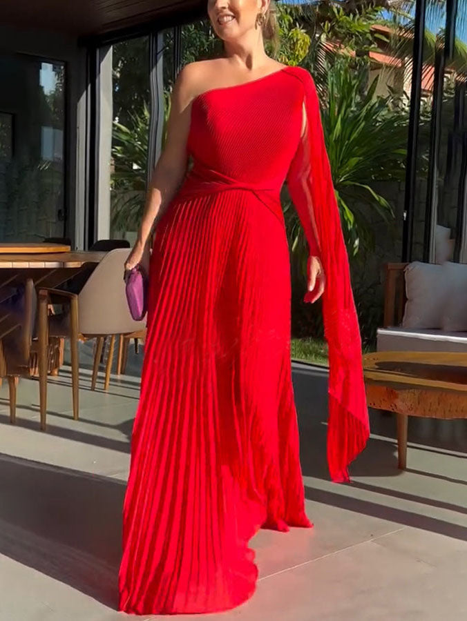 Elegant Pleated Off-the-Shoulder Flowing Maxi Dress
