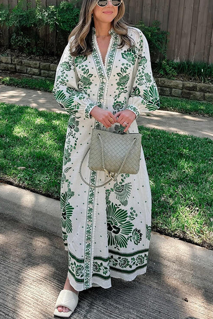 Unique Printed Button-Down Long-Sleeve Maxi Shirt Dress