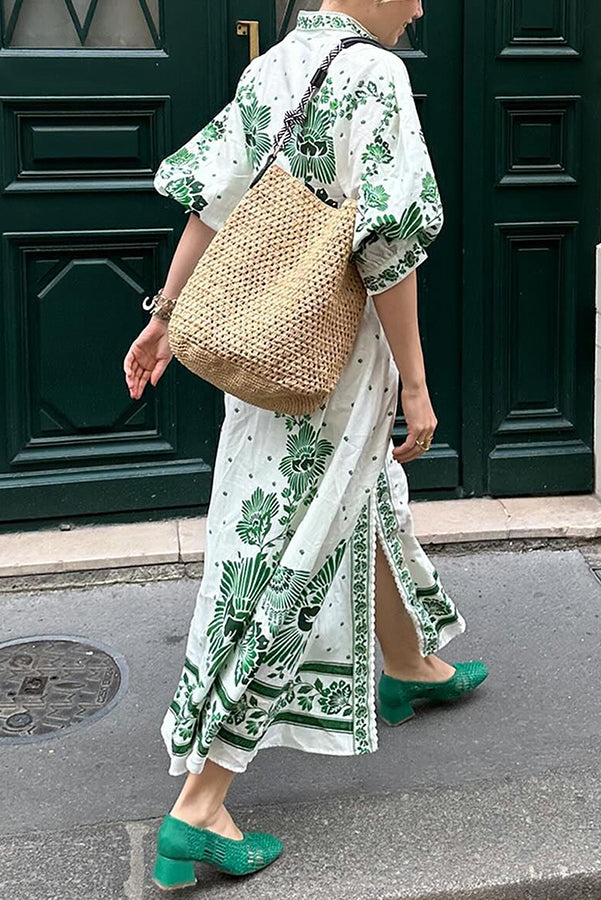 Unique Printed Button-Down Long-Sleeve Maxi Shirt Dress