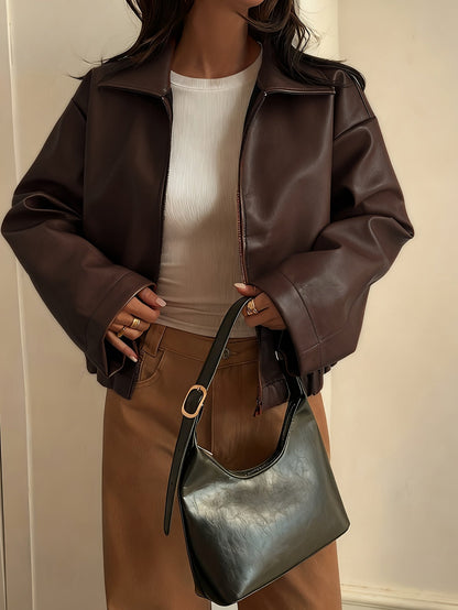 Gwenda | Women's Leather-Look Cropped Shirt-Collar Jacket