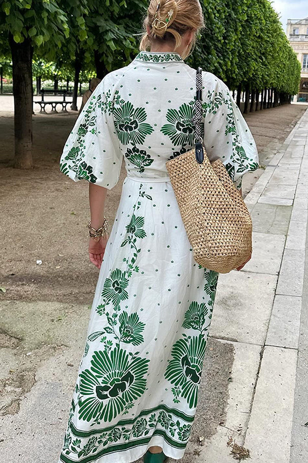Unique Printed Button-Down Long-Sleeve Maxi Shirt Dress
