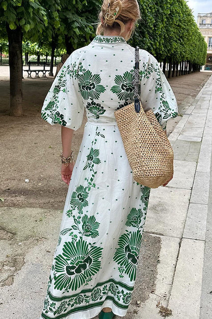 Unique Printed Button-Down Long-Sleeve Maxi Shirt Dress