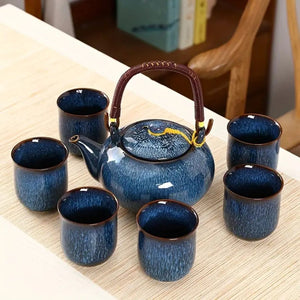 Ceramic Japanese Tea Set with Unique Glaze Finish | 700ml Teapot & 6 Cups for Timeless Tea Experience
