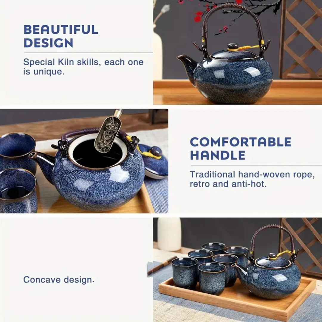 Ceramic Japanese Tea Set with Unique Glaze Finish | 700ml Teapot & 6 Cups for Timeless Tea Experience