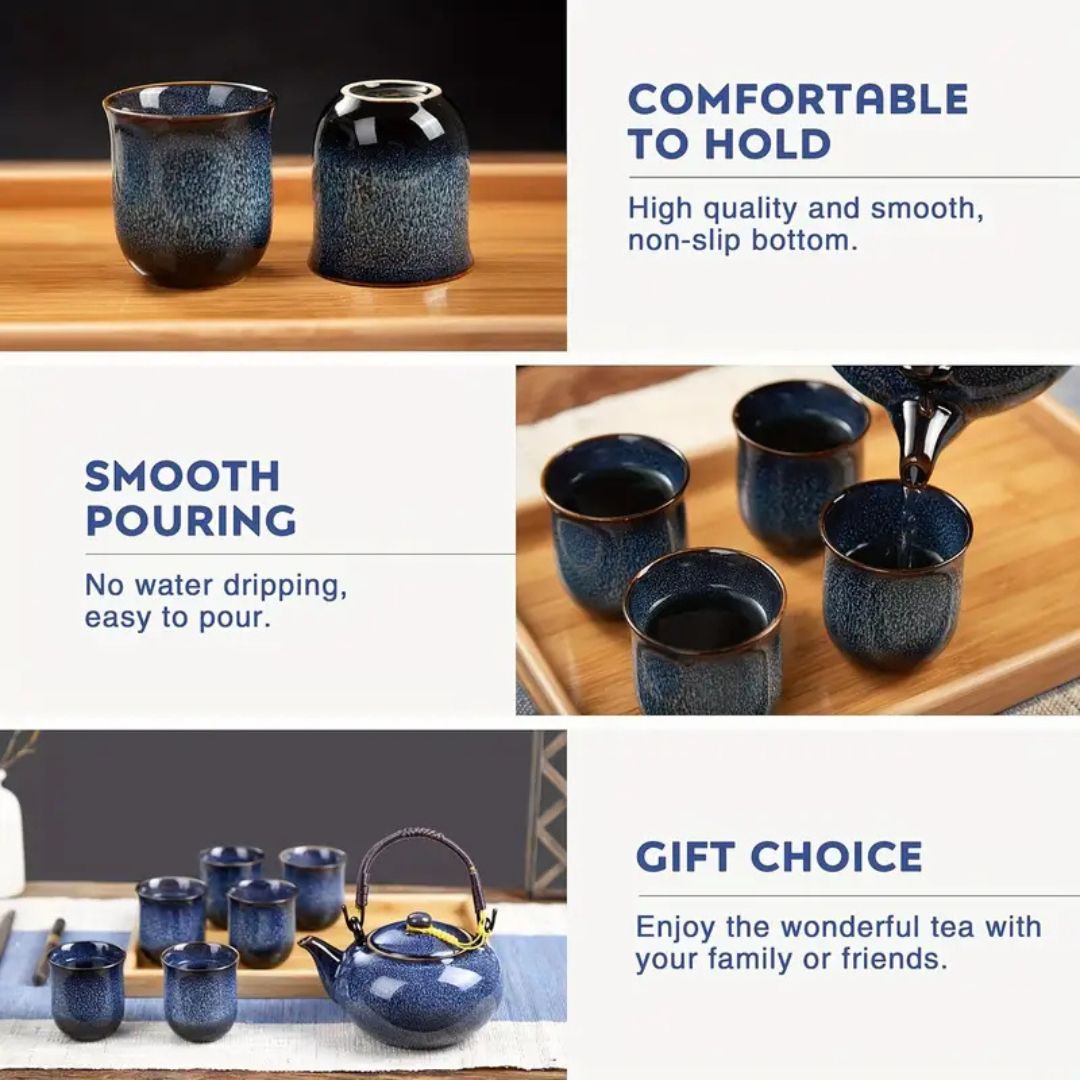 Ceramic Japanese Tea Set with Unique Glaze Finish | 700ml Teapot & 6 Cups for Timeless Tea Experience