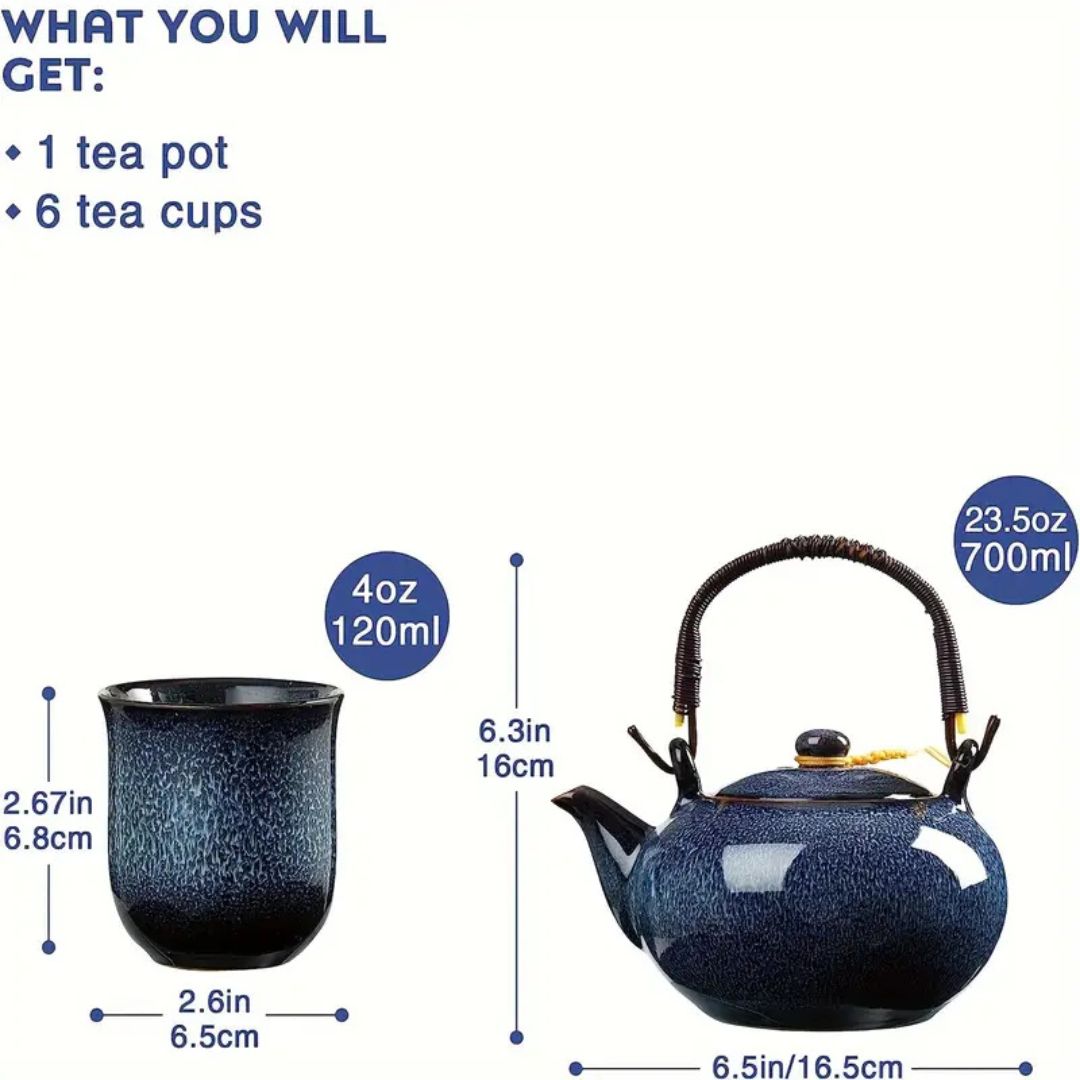 Ceramic Japanese Tea Set with Unique Glaze Finish | 700ml Teapot & 6 Cups for Timeless Tea Experience