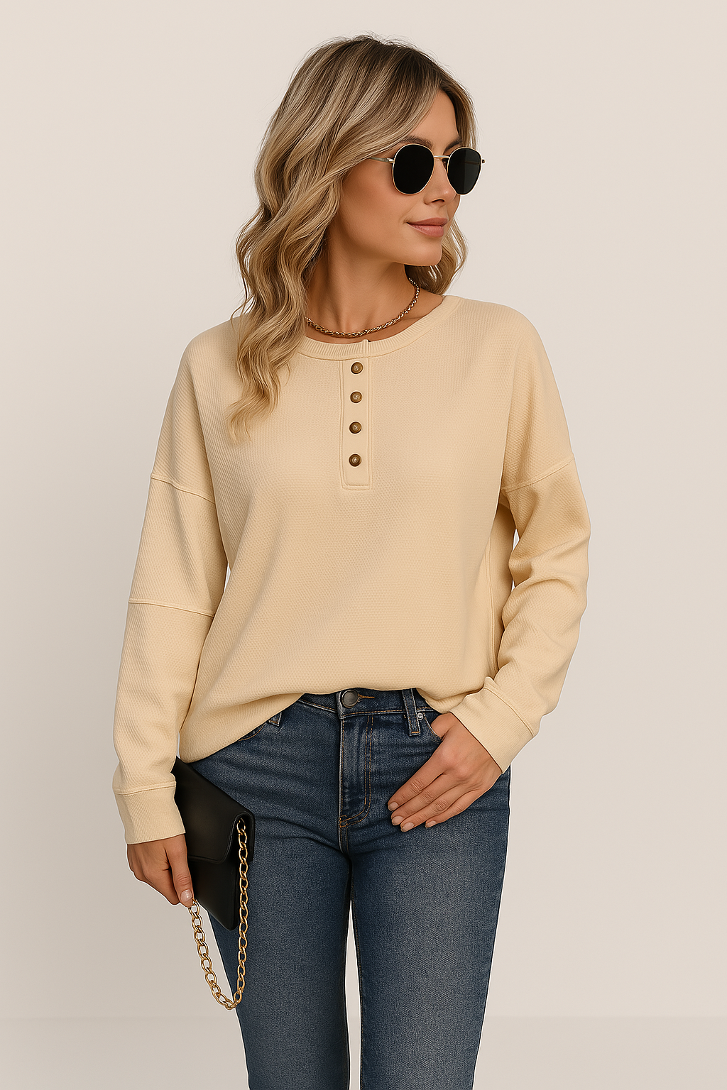 Winnie | Women's Waffle-Knit Long-Sleeve Button-Down Top