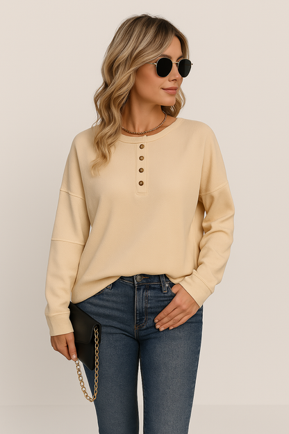 Winnie | Women's Waffle-Knit Long-Sleeve Button-Down Top