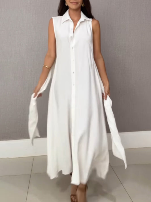 Unique Shirt-Style Single-Breasted Tie-Waist Midi Dress