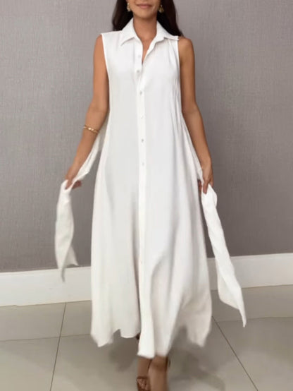 Unique Shirt-Style Single-Breasted Tie-Waist Midi Dress