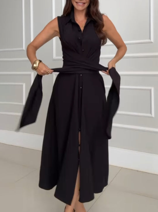 Unique Shirt-Style Single-Breasted Tie-Waist Midi Dress