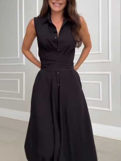 Unique Shirt-Style Single-Breasted Tie-Waist Midi Dress