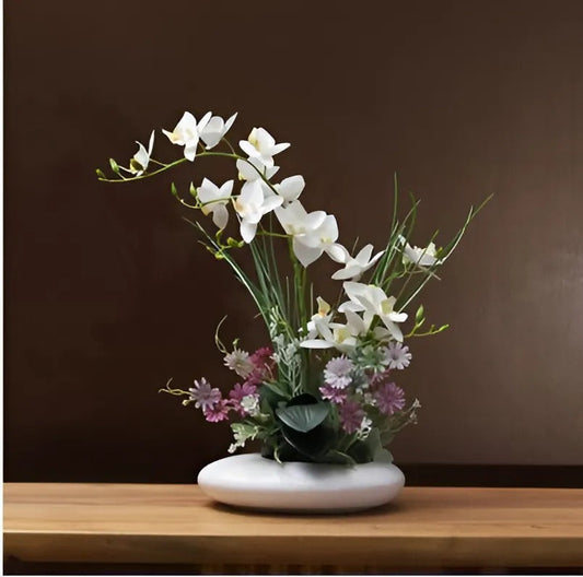 Elegant Ceramic Flower Vase with Orchid Faux Flowers | Timeless Home Decor for Effortless Elegance
