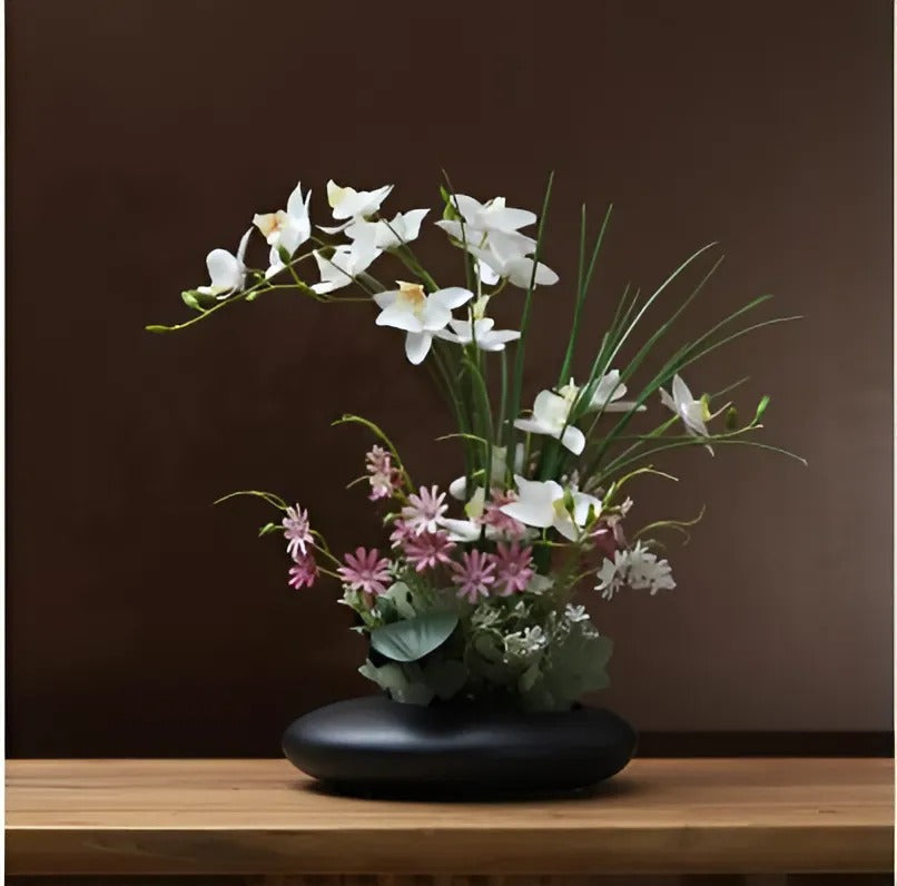 Elegant Ceramic Flower Vase with Orchid Faux Flowers | Timeless Home Decor for Effortless Elegance