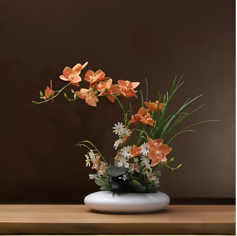 Elegant Ceramic Flower Vase with Orchid Faux Flowers | Timeless Home Decor for Effortless Elegance