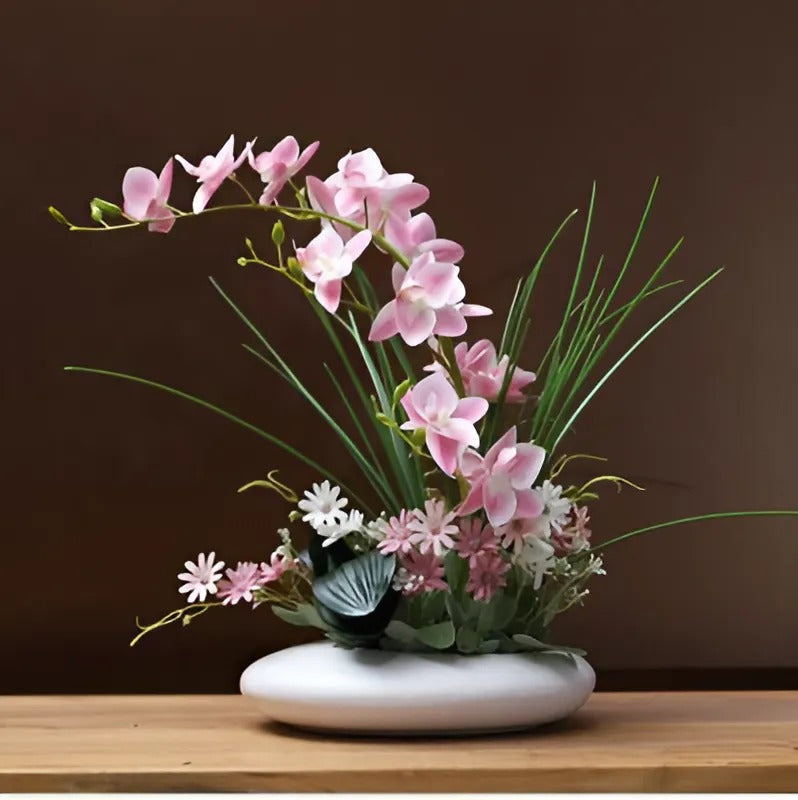 Elegant Ceramic Flower Vase with Orchid Faux Flowers | Timeless Home Decor for Effortless Elegance