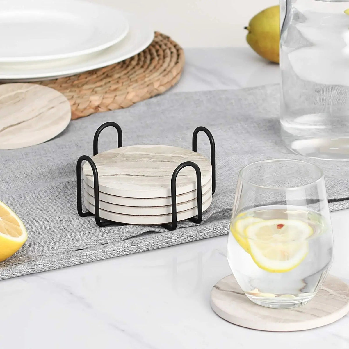 Elegant Coaster Set | Marble Coasters with Metal Holder | Stylish Surface Protection for Home Decor