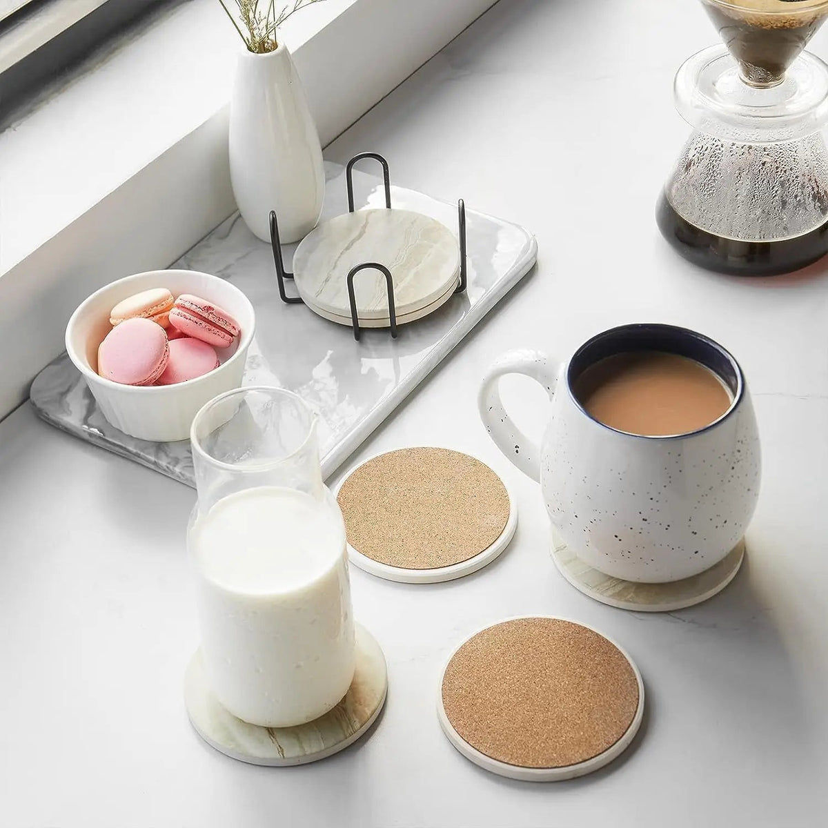 Elegant Coaster Set | Marble Coasters with Metal Holder | Stylish Surface Protection for Home Decor