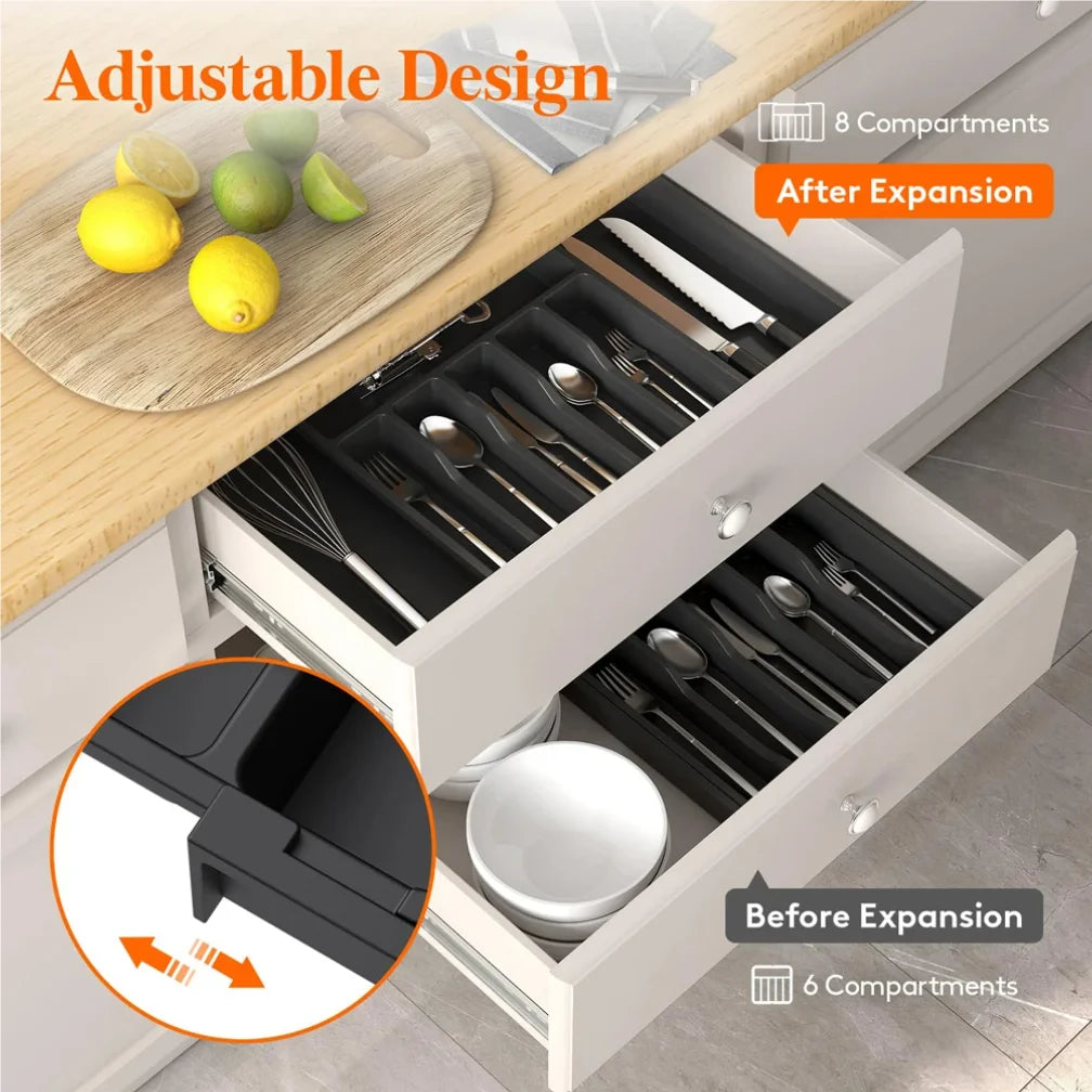 Expandable Kitchen Drawer Organizer | 8-Compartment Cutlery Tray for Efficient Utensil Management