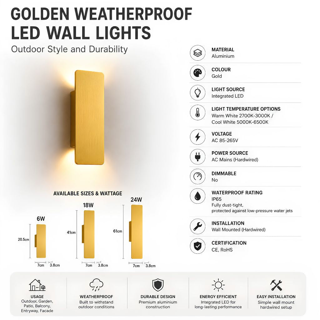 Golden Collection | Outdoor Wall Light with IP65 Rating & Energy-Efficient LED | Stylish Lantern for Garden and Patio