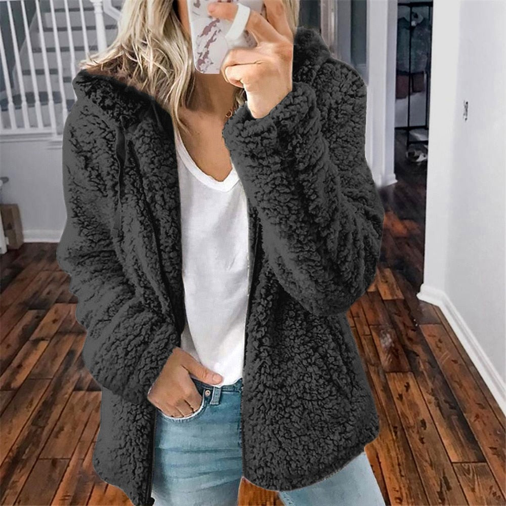 Ellen | Women's Cosy Hooded Open-Front Teddy Jacket for Winter