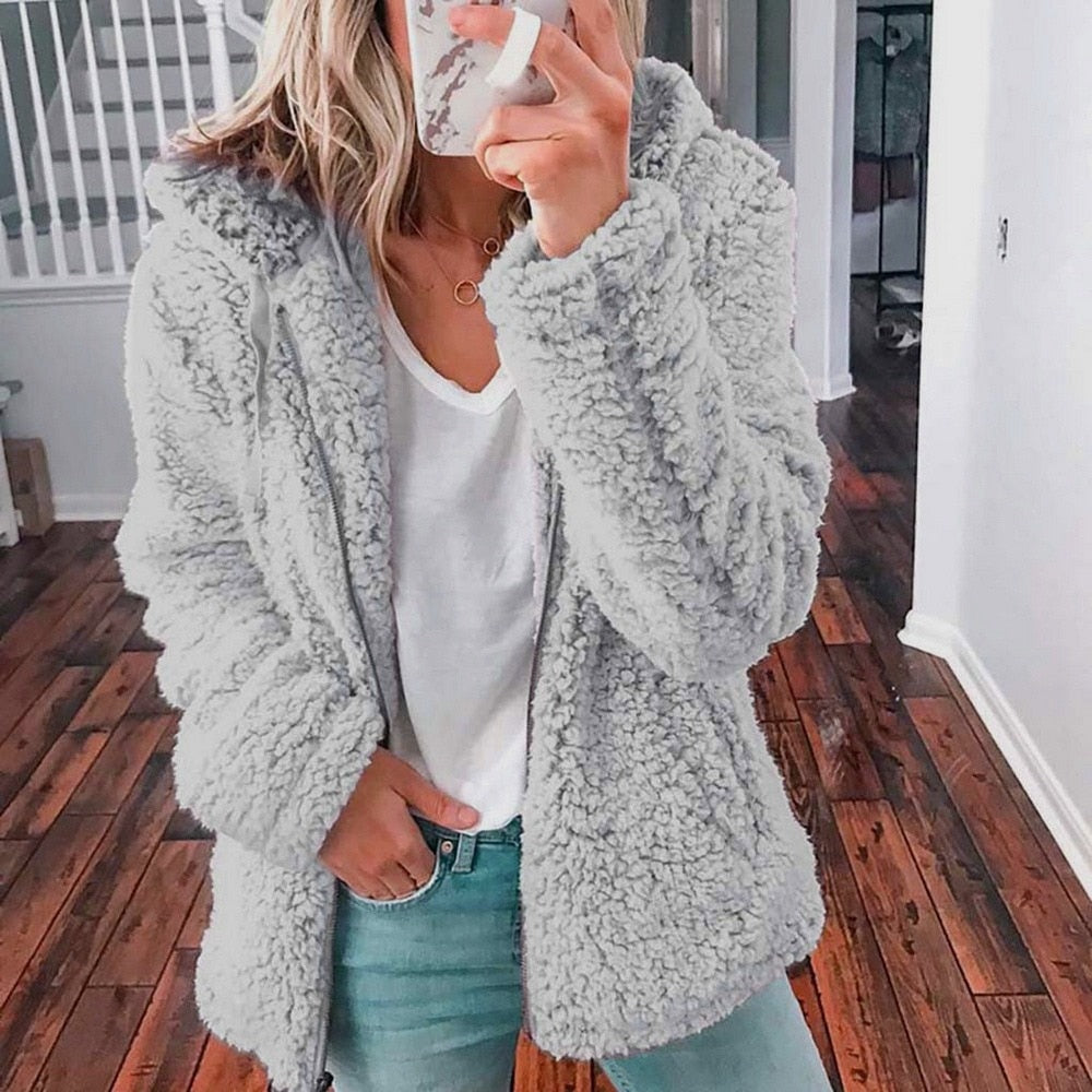 Ellen | Women's Cosy Hooded Open-Front Teddy Jacket for Winter