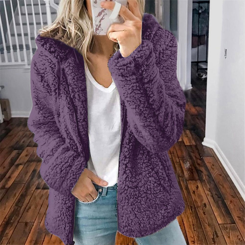 Ellen | Women's Cosy Hooded Open-Front Teddy Jacket for Winter