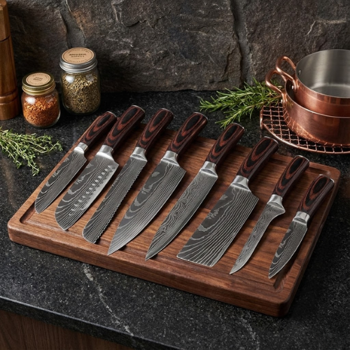 Ikigai | 8-Piece Professional Chef Knife Set with High-Carbon Steel Blades | Ergonomic Pakka Wood Handles for Precision Cutting