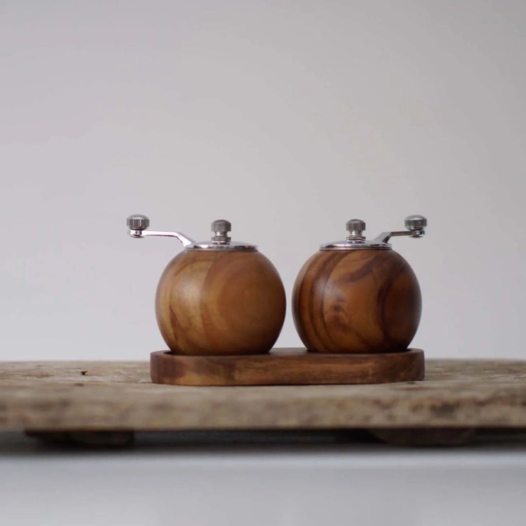Lattea | Salt and Pepper Mill Grinder Set with Wooden Base | Minimalist Design for Effortless Seasoning