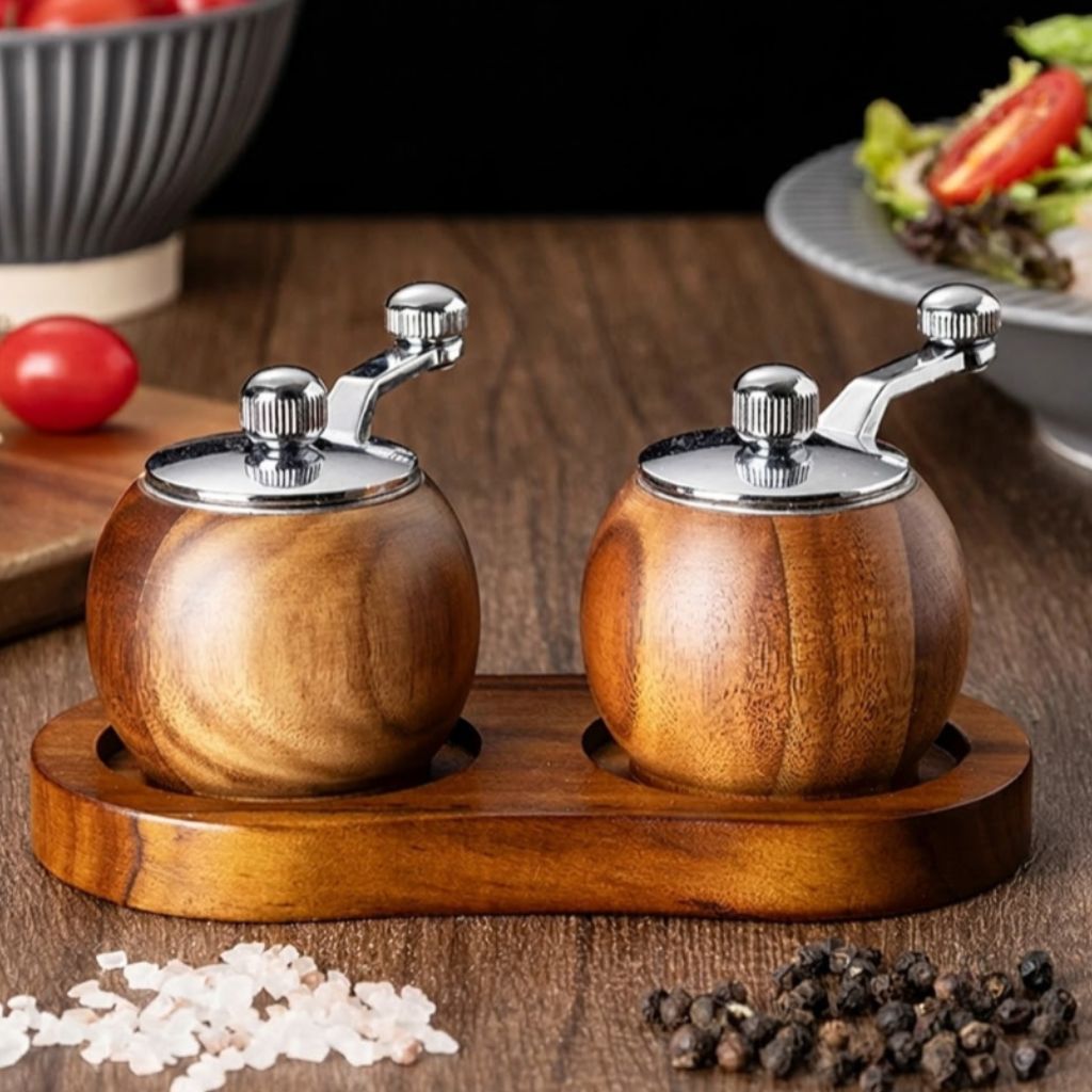 Lattea | Salt and Pepper Mill Grinder Set with Wooden Base | Minimalist Design for Effortless Seasoning