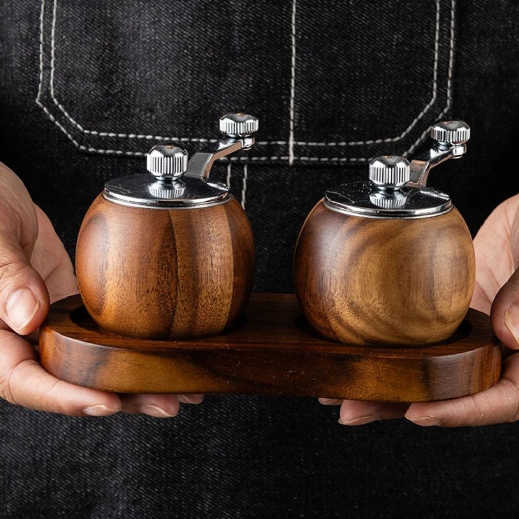 Lattea | Salt and Pepper Mill Grinder Set with Wooden Base | Minimalist Design for Effortless Seasoning
