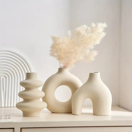 Luna Collection | Large White Ceramic Vase Set with Textured Matte Finish | Elegant Decor for Modern Interiors