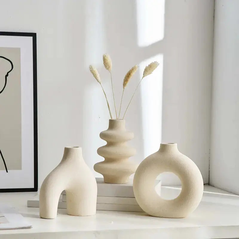 Luna Collection | Large White Ceramic Vase Set with Textured Matte Finish | Elegant Decor for Modern Interiors