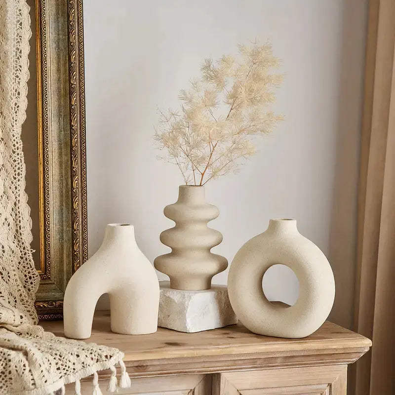 Luna Collection | Large White Ceramic Vase Set with Textured Matte Finish | Elegant Decor for Modern Interiors