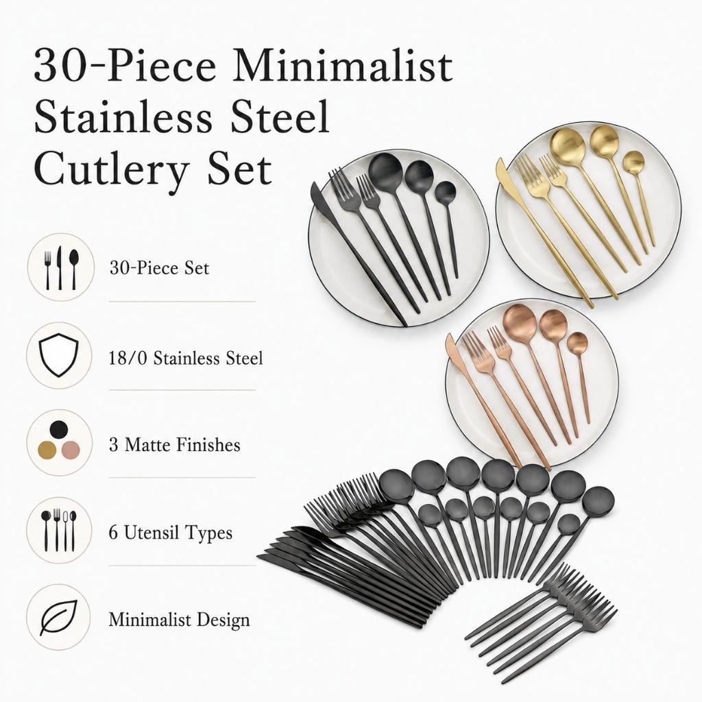 Minimalist Cutlery Set | 30-Piece Stainless Steel Utensil Set with Elegant Matte Finishes | Complete Dining Experience for Modern Tables