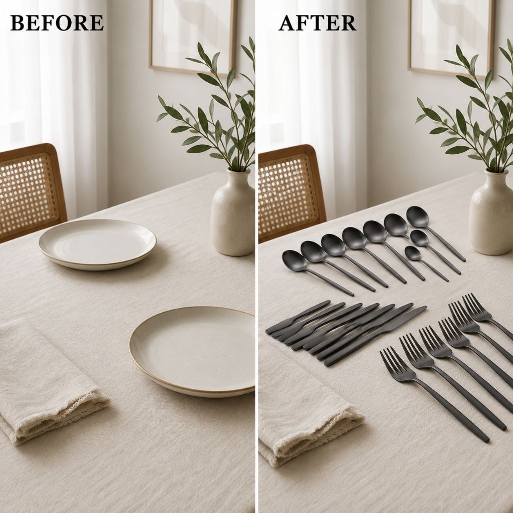 Minimalist Cutlery Set | 30-Piece Stainless Steel Utensil Set with Elegant Matte Finishes | Complete Dining Experience for Modern Tables