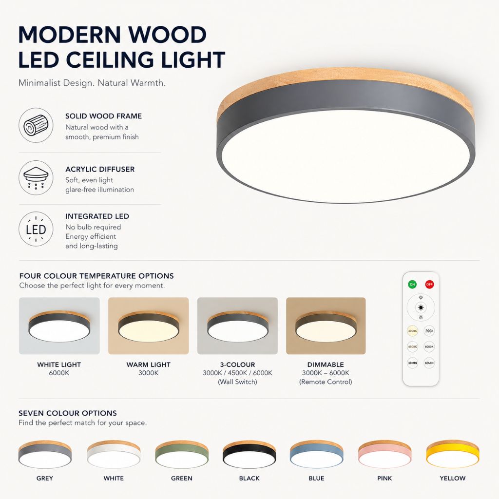 Natural Elegance | Round Wood Flush Mount Ceiling Light with Integrated LED | Soft Illumination for Cozy Interiors